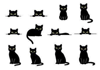 Collection of Cute Black Cat Silhouettes with Yellow Eyes in Various Poses
