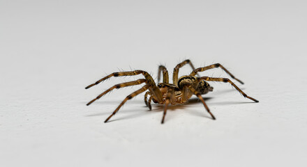 Close-up of a small brown spider on a white background.