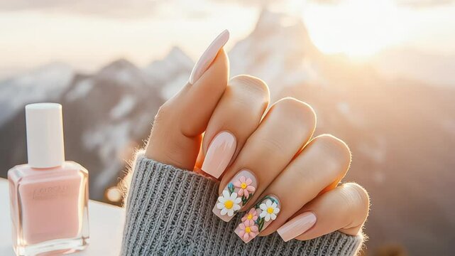 Hand with floral nail art and nail polish on a table outdoors