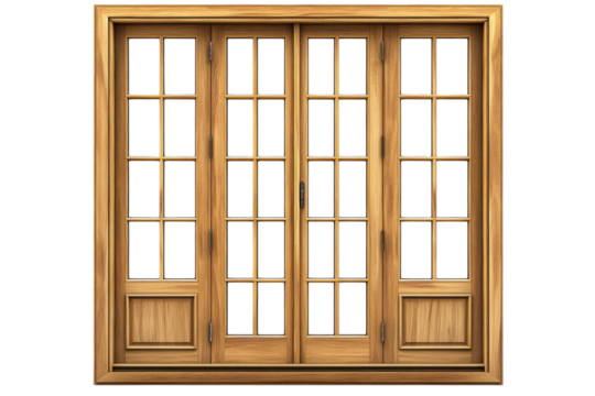 Natural wood finish window frame revealing darkness beyond a portal to imagination and unknown on transparent background