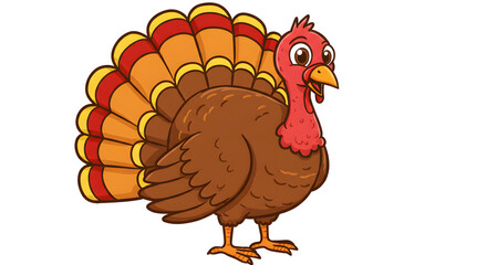 Cartoon illustration of a turkey with colorful tail feathers, standing on a white background.