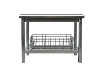 Minimalist silver metallic utility table stand ready to hold supplies showcasing a metal wire on transparent background