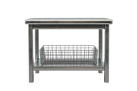 Minimalist silver metallic utility table stand ready to hold supplies showcasing a metal wire on transparent background