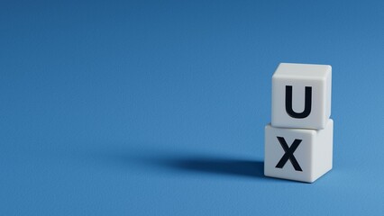 word ux with wooden elements.close up of wooden elements,Business Concept.3D rendering on blue background.