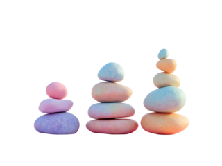 Three Stacks Pastel Colored Stones Pebbles Balanced Rocks ,isolated on a transparent background
