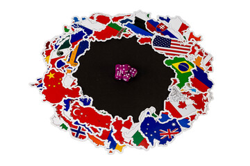 Cluster of Purple Dice Surrounded by Flag Map Countries