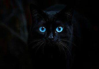 Obraz premium Close up portrait of a black cat with piercing blue eyes in a dark and shadowy environment