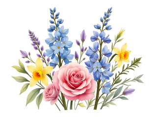 Fototapeta premium Watercolor Painting of a Pink Rose with Yellow Daffodils Blue Delphiniums and Purple Flowers isolated on a transparent background