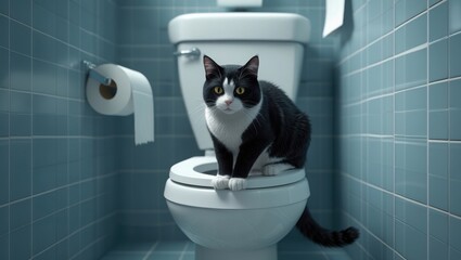A black and white cat sitting on a toilet in a blue-tiled bathroom, creating a humorous scene.