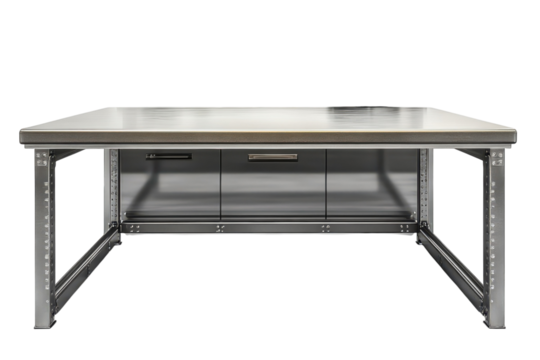 Immaculate stainless steel workbench a symbol of industrial precision offering a clean space on transparent background