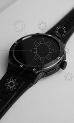 Mechanical Draw of Cogs and Gears on Foreground of Black Sports Watch with the Switched Off Display 