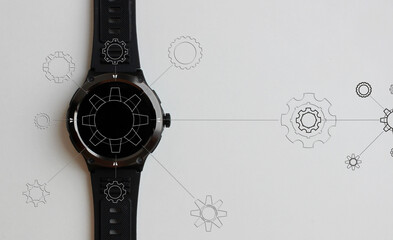 Contours of Transparent Gears Connected Between Each Other on Black Digital  Watch and white Copy Space 
