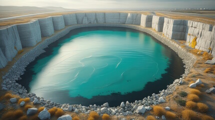 A stunning view of a deep turquoise lake surrounded by towering rocky crater walls under an open sky