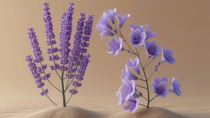 Stylized lavender branches and purple flowers growing from sand on a uniform light background, creating a minimalistic composition.