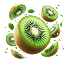 Fototapeta premium kiwi fruit slices floating on white background