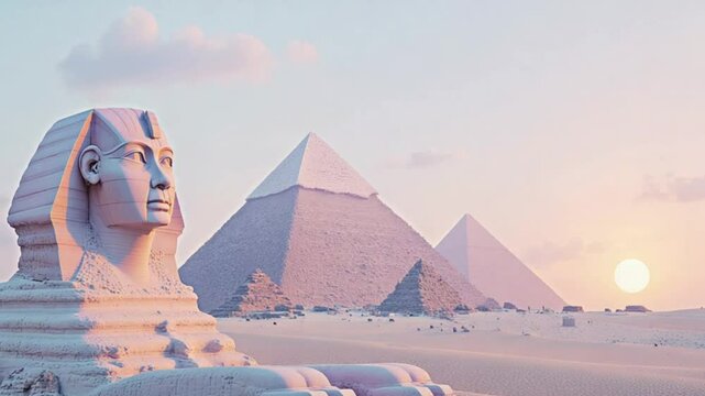 mysterious ancient egyptian sphinx and pyramids at sunset historical landmark landscape, famous Wonder of the World, Giza, Egypt