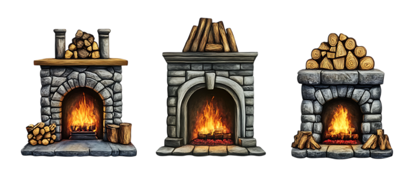 Pack Collection Cozy Stone Fireplaces Realistic Illustrations for Design  Decor set against transparent background - Powered by Adobe