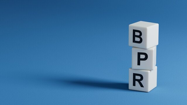 BPR - Business process reengineering - acronym on wooden elements. BPR , acronym on wooden elements.Business Concept.3D rendering on blue background.