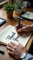 Close-up of a male hand crafting a "Thank You" sign on textured cardstock, isolated on transparent background for appreciation campaigns.