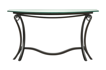 Elegant wrought iron console table with a clear glass top inviting sophistication in any space on transparent background