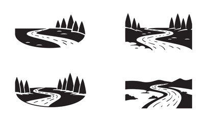 Black and white nature illustrations of winding river through a forest setting