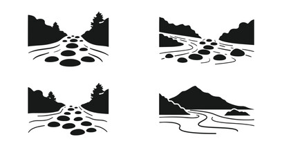 Fototapeta premium Black and white vector illustrations of river landscapes with rocks and mountains