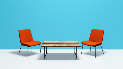Fototapeta premium Modern furniture set featuring two orange chairs and wooden table against bright blue wall, creating vibrant atmosphere