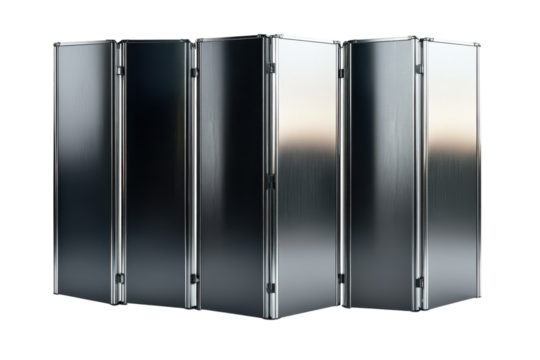 Contemporary metal folding screen creating division and privacy perfect for modern interiors on transparent background