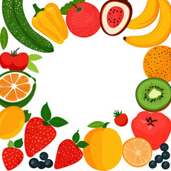 Fresh fruits arranged in circular frame, including bananas, strawberries, and oranges, creating vibrant and colorful display