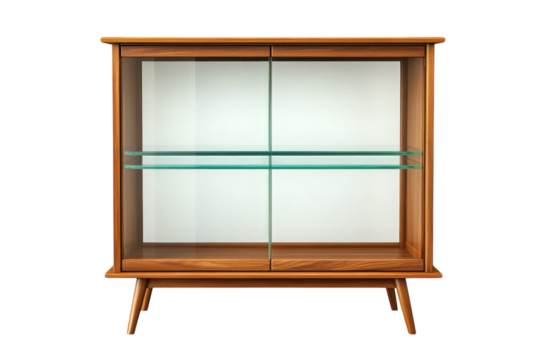 Capturing timeless elegance of a mid century modern display cabinet perfect for showcasing on transparent background
