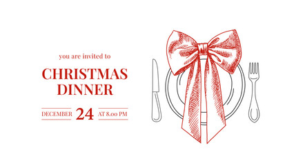 Christmas dinner invitation with sketch coquette bow. Holiday card, event invite, print template. Hand drawn line art vintage vector illustration