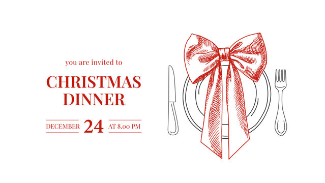 Christmas dinner invitation with sketch coquette bow. Holiday card, event invite, print template. Hand drawn line art vintage vector illustration