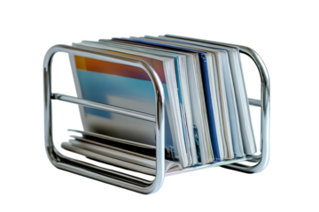 Captivating chrome magazine rack filled with colorful periodicals inviting a leisurely on transparent background