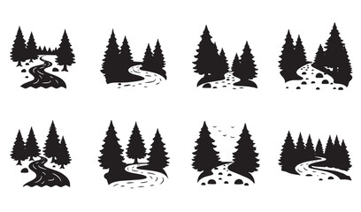Obraz premium Collection of minimalist forest landscapes featuring trees rivers and nature silhouettes