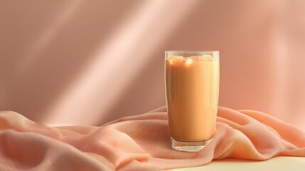 Refreshing Iced Latte in Tall Glass on Peach Fabric Perfect for Summer Beverages and Cafe Menu