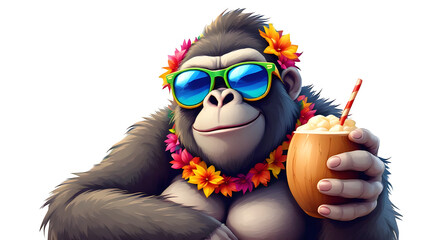 A cartoon gorilla wearing sunglasses and a flower lei holding a coconut drink isolated on transparent background