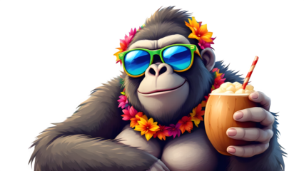 A cartoon gorilla wearing sunglasses and a flower lei holding a coconut drink isolated on transparent background