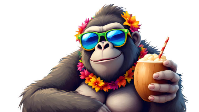 A cartoon gorilla wearing sunglasses and a flower lei holding a coconut drink isolated on transparent background - Powered by Adobe