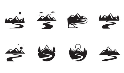Collection of mountain landscape icons showcasing peaks river forest and scenic outdoor illustrations