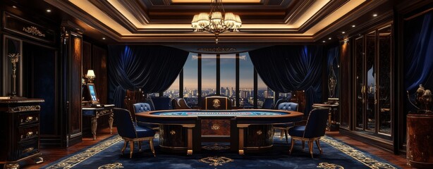 An elegant and luxurious casino interior showcasing a beautiful roulette table and a sophisticated ambiance