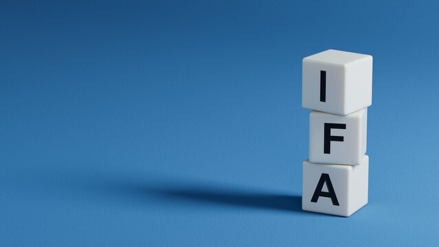 the word IFA is written on a wooden elements structure.close up of wooden elements,Business Concept.3D rendering on blue background.