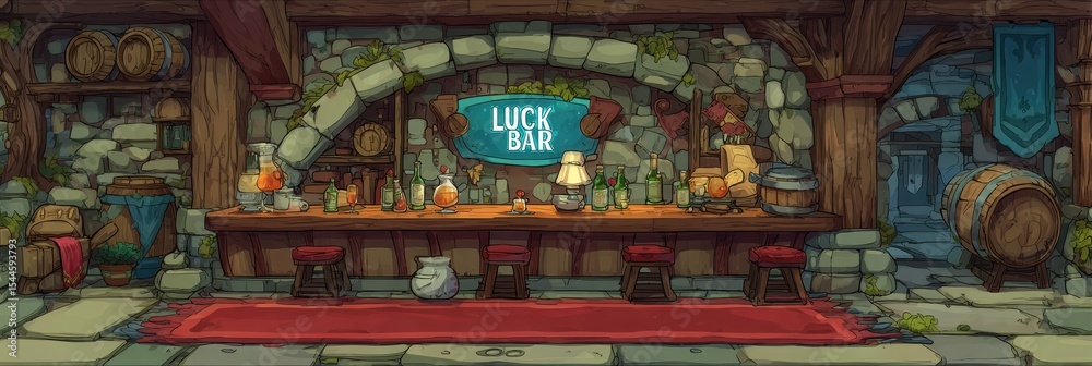 Aufkleber Concept Art Depicting a Luck Bar Loading Indicator in an Animated Style Featuring a Rustic Tavern Environment With a Cozy Atmosphere