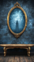 A vintage oval mirror reflects a shadowy figure against a dark, textured wall. A wooden bench sits below, enhancing the gothic and mystical atmosphere.