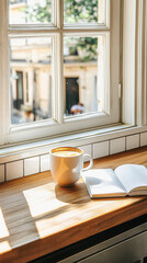 Cozy morning with coffee on sunlit kitchen counter by window