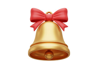 Isolated Golden Christmas Bell Red Bow Ornament