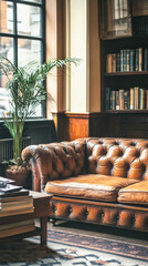 Vintage hotel lobby with leather sofa and bookshelves for cozy interior design