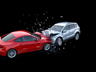 Two cars collide in dramatic crash on black background
