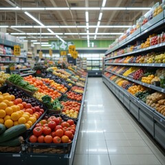 Fototapeta premium The stores brightly lit fruit and vegetable section is full of fresh goods. Bright rows with cauliflower, grapes and lemons