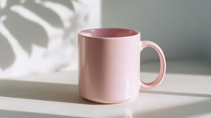 A Pink Ceramic Mug on a White Surface Basking in Sunlight with Soft Leaf Shadows