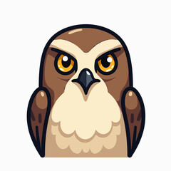 Obraz premium Cartoon Owl Illustration with Brown and Cream Feathers, Black Beak, and Yellow Eyes on White Background